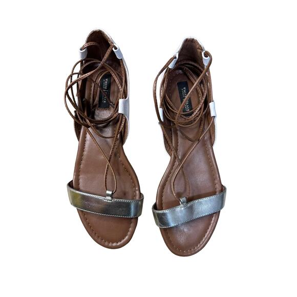 White House Black Market‎ White Silver Lace Up Open Toe Strappy Flats Size 7.5 - Picture 4 of 9